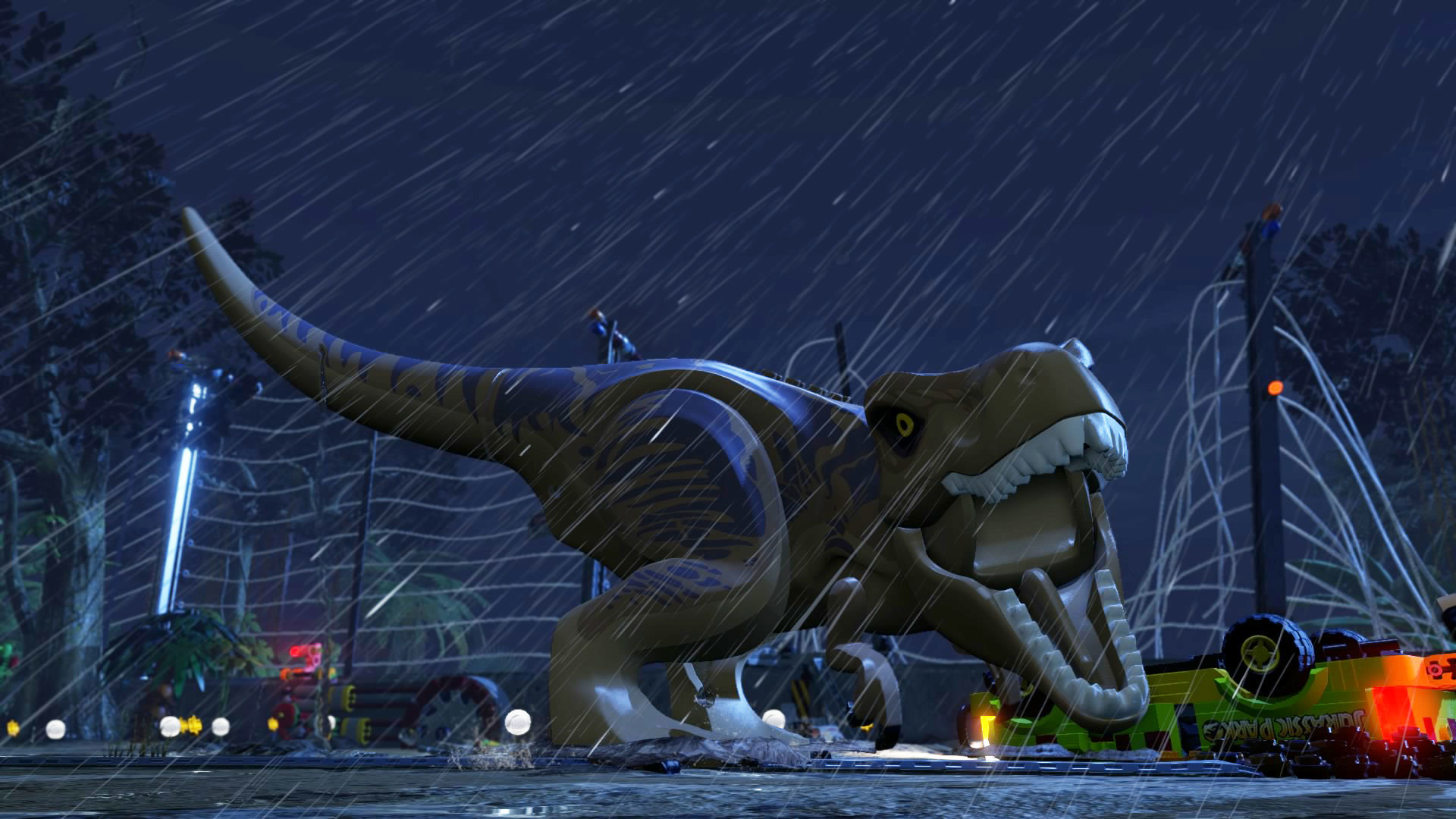 Un dinosaure T-Rex Lego dans une scène Lego Jurassic Park, il pleut et il fait sombre.