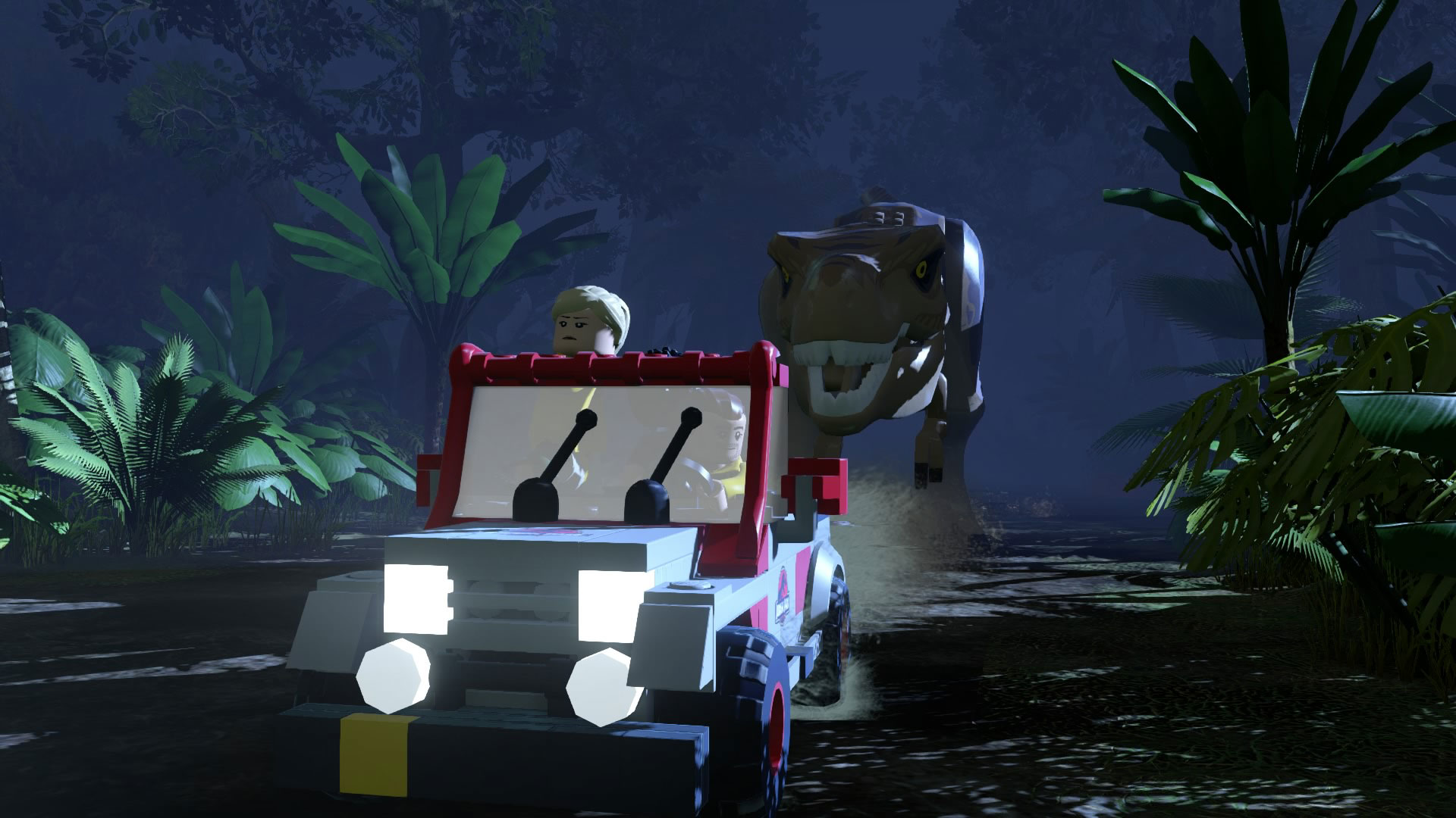 Scène LEGO Jurassic World. Jeep LEGO avec une personne et un T-Rex dans une forêt sombre.