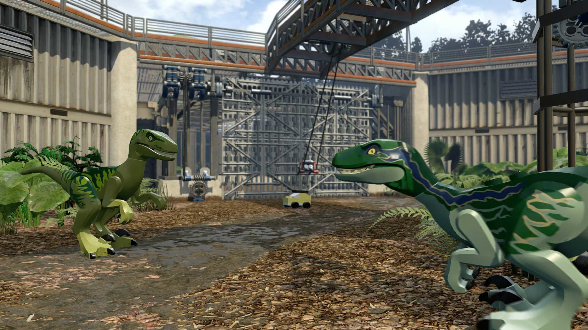 Deux dinosaures Lego se font face dans une scène Lego Jurassic Park, avec une porte en arrière-plan.