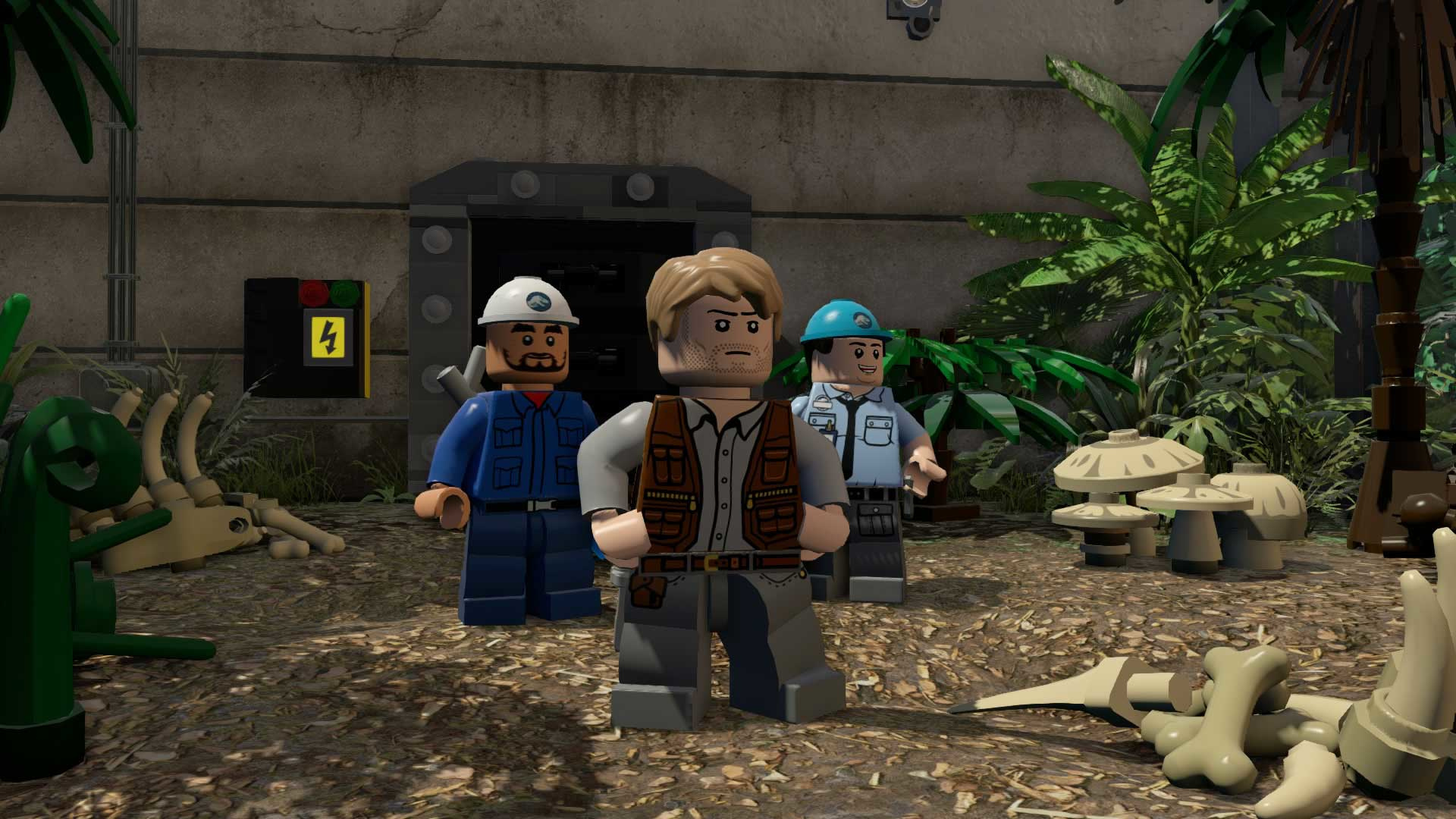 Personnages Lego d'hommes, dans un environnement Lego. La scène est un cadre de Jurassic Park.