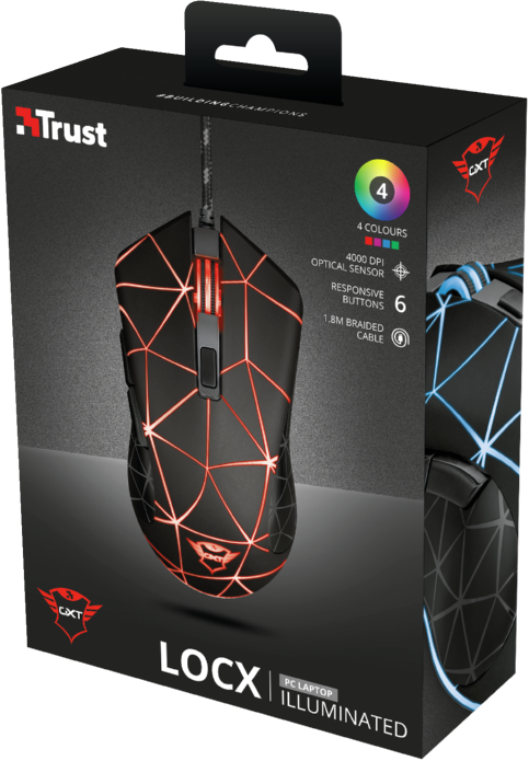 Egy fekete Trust gaming egér. Piros lámpák és fekete-piros kábel van rajta.