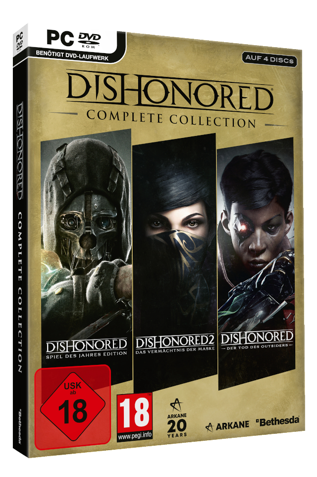 Dishonored Complete Collection Box-Set, mit Spielecharakteren, weißer Hintergrund.