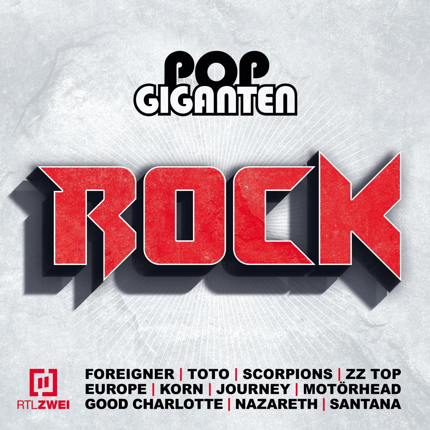 Pop Giganten Rock Albumcover. Roter 'ROCK'-Text auf strukturiertem Hintergrund mit Bandnamen.
