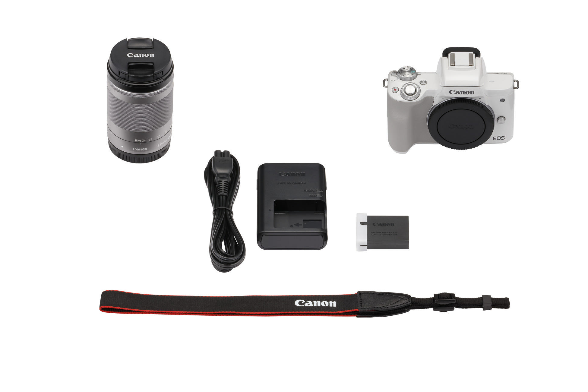 Canon Kamera und Zubehör, Draufsicht, auf weißem Hintergrund.