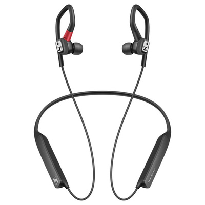Auriculares inalámbricos negros con diadema, detalles rojos, sobre fondo blanco.