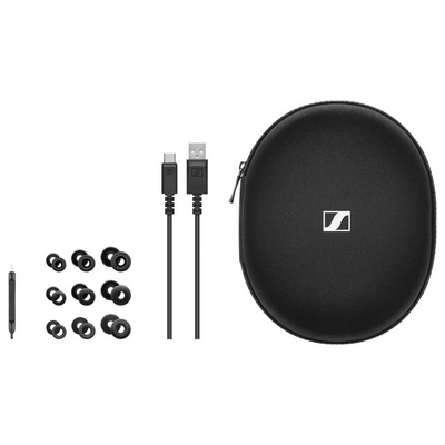 Auriculares, estuche de carga, cable USB-C, cable USB y almohadillas para los oídos sobre fondo blanco.