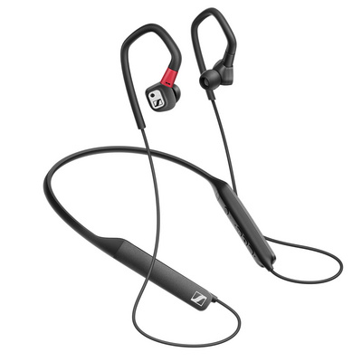 Auriculares inalámbricos negros y rojos con banda para el cuello.