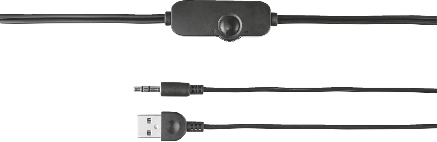 Fekete fejhallgató kábel hangerőszabályzóval, USB-vel és jack-kel.