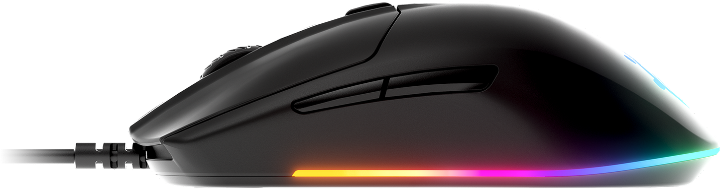 Fekete gamer egér RGB világítással az alsó szélen, fekete háttér.