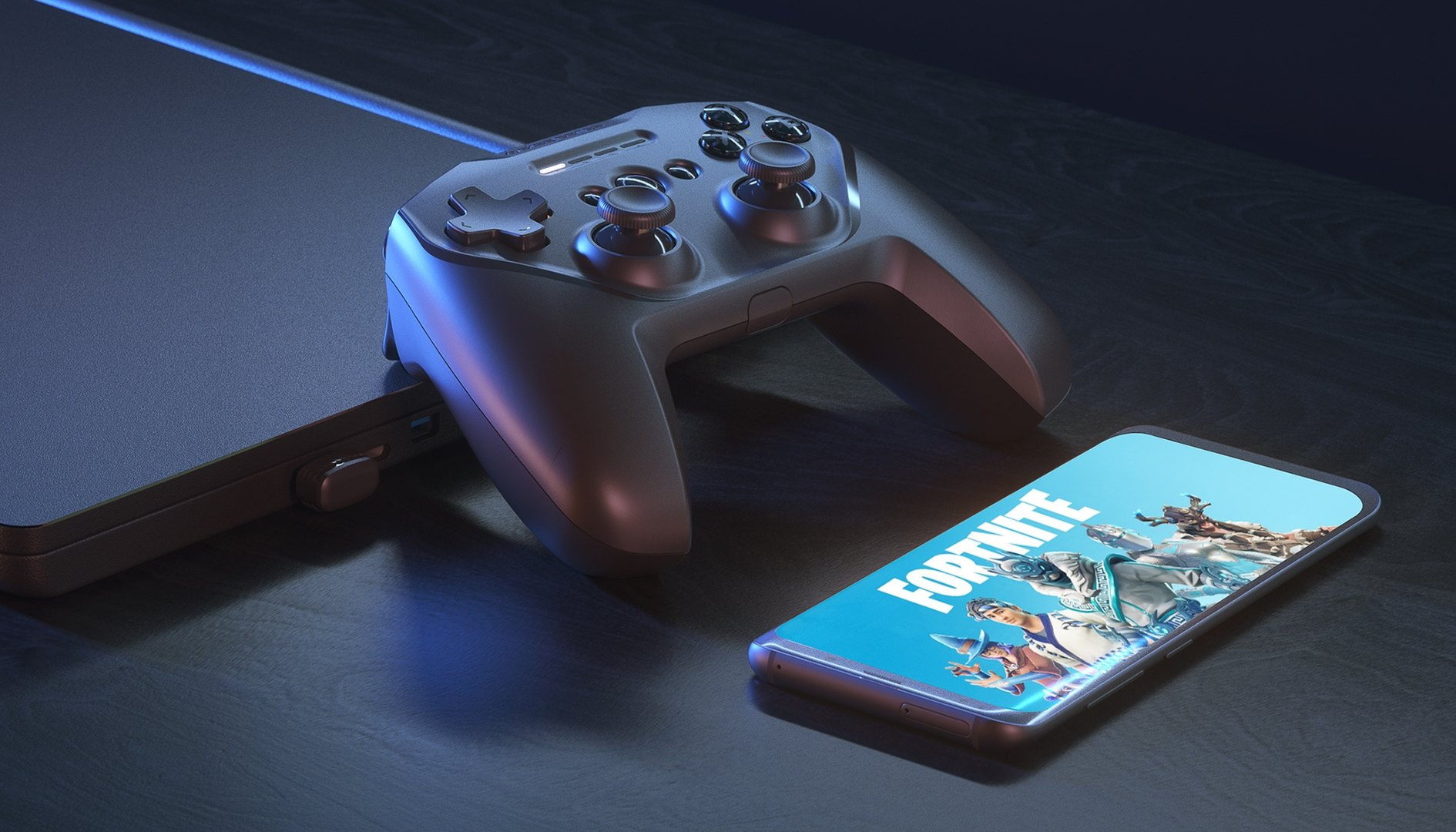 Fekete játékvezérlő telefonnal, amely a Fortnite játékot mutatja. Sötét felület.