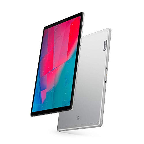 Dos tabletas Lenovo plateadas, una en ángulo, mostrando una pantalla colorida, la otra visible.