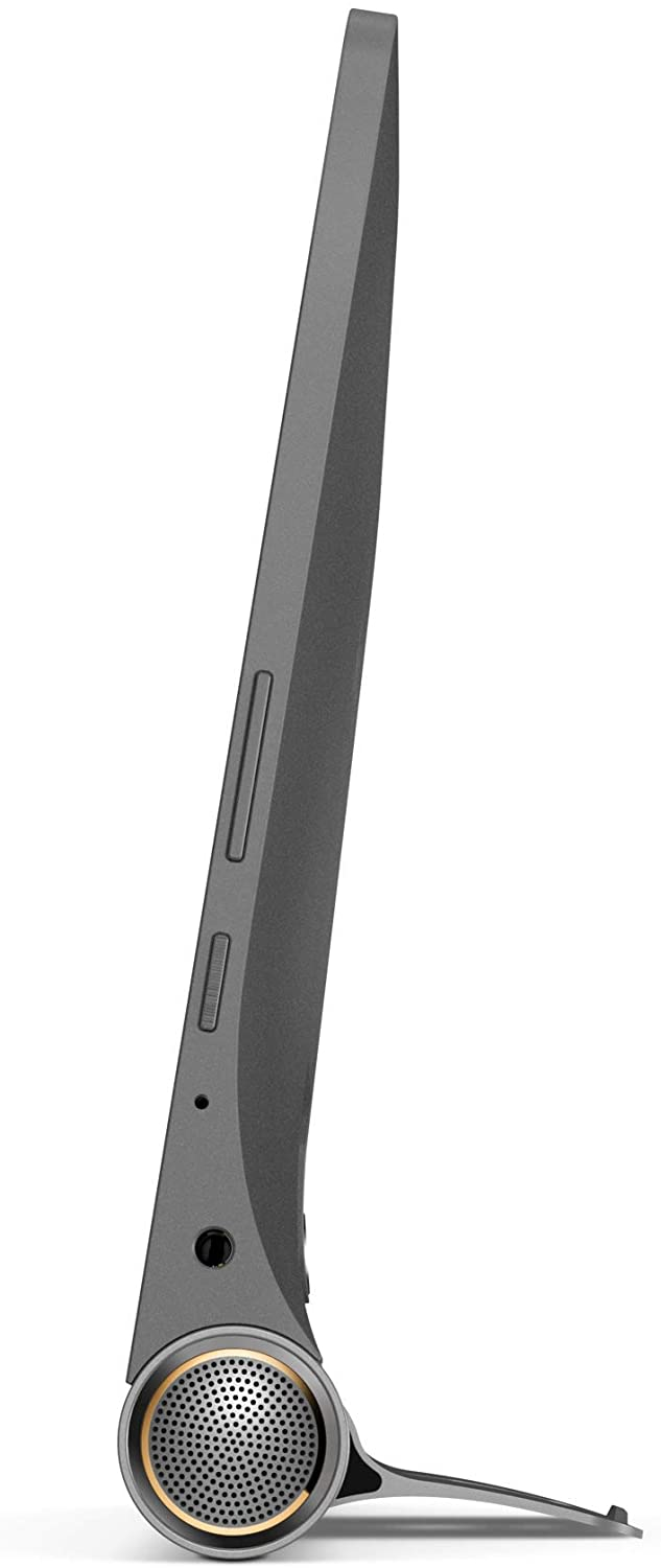 Altavoz gris, vista lateral, forma curva con rejilla de altavoz dorada.