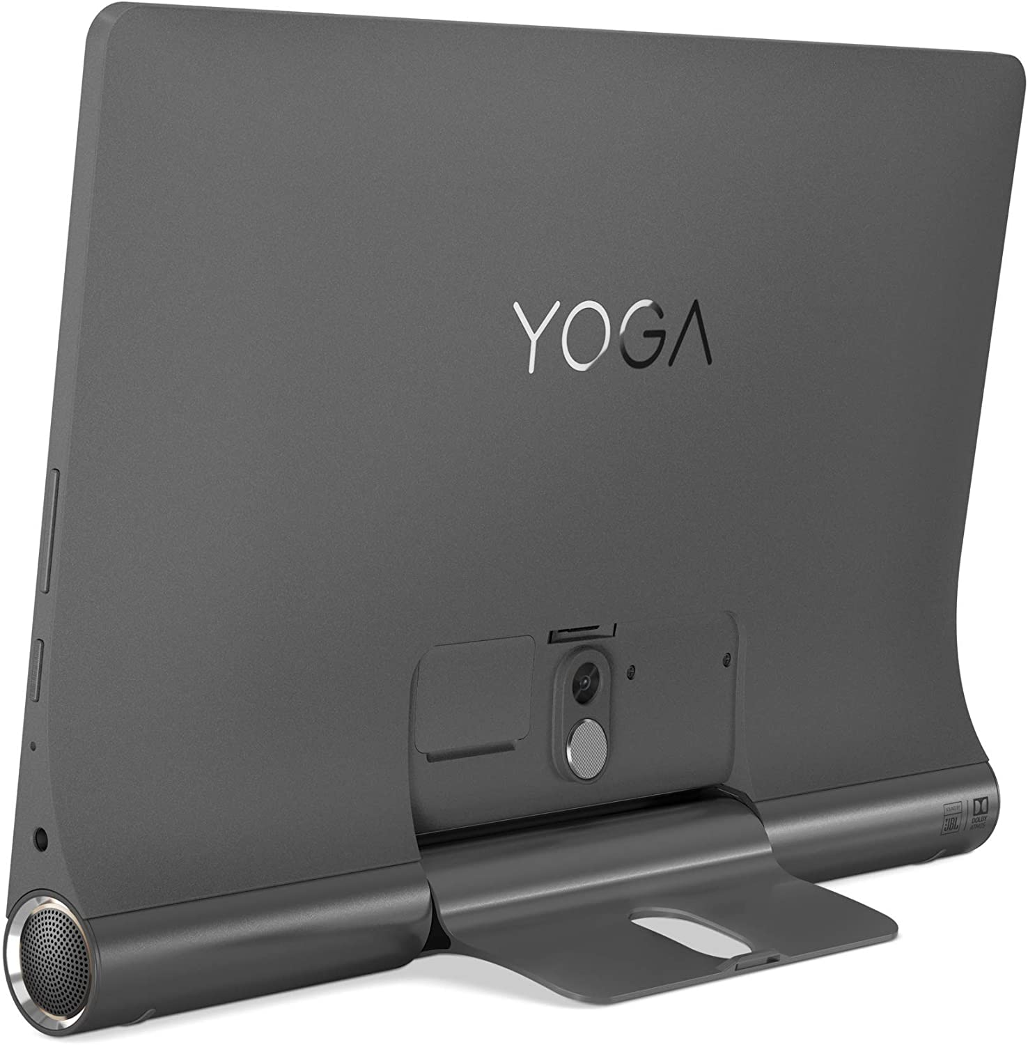 Una tableta Lenovo Yoga gris, vista trasera, con soporte y altavoz.