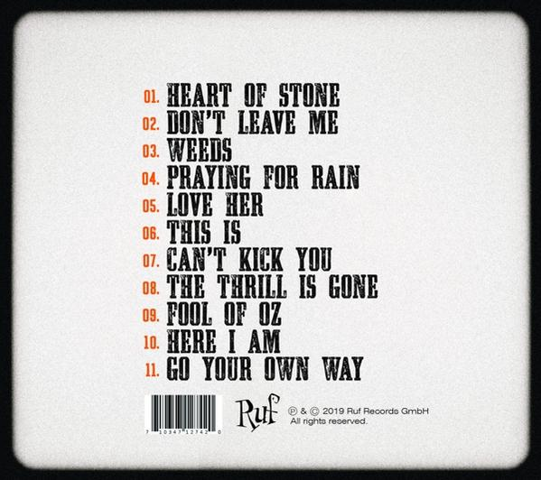 Rückseite einer CD-Hülle mit Titelliste und Text auf weißem Hintergrund. Ruf Records.