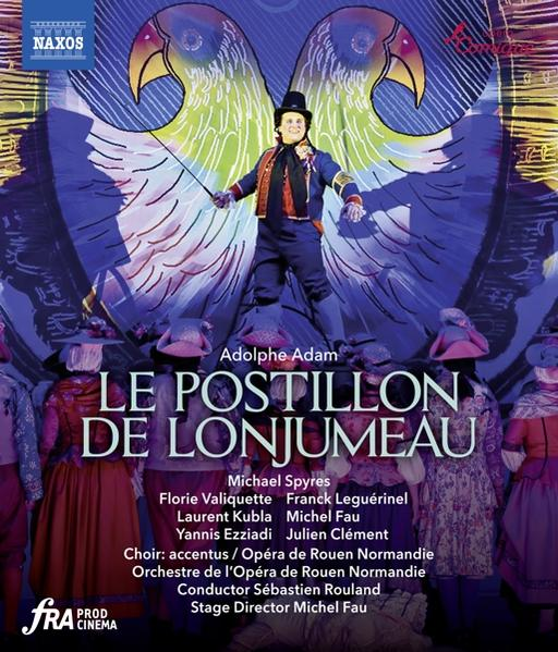 Opernplakat mit einem Mann in Kostüm und zwei Papageien. Titel: Le Postillon de Lonjumeau.