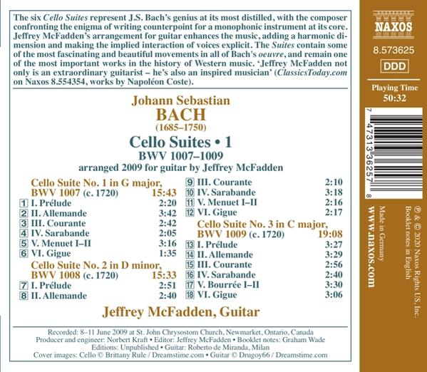 Rückseite einer CD-Hülle: Bachs Cellosuiten. Details der Tracks, arrangiert für Gitarre von Jeffrey McFadden.