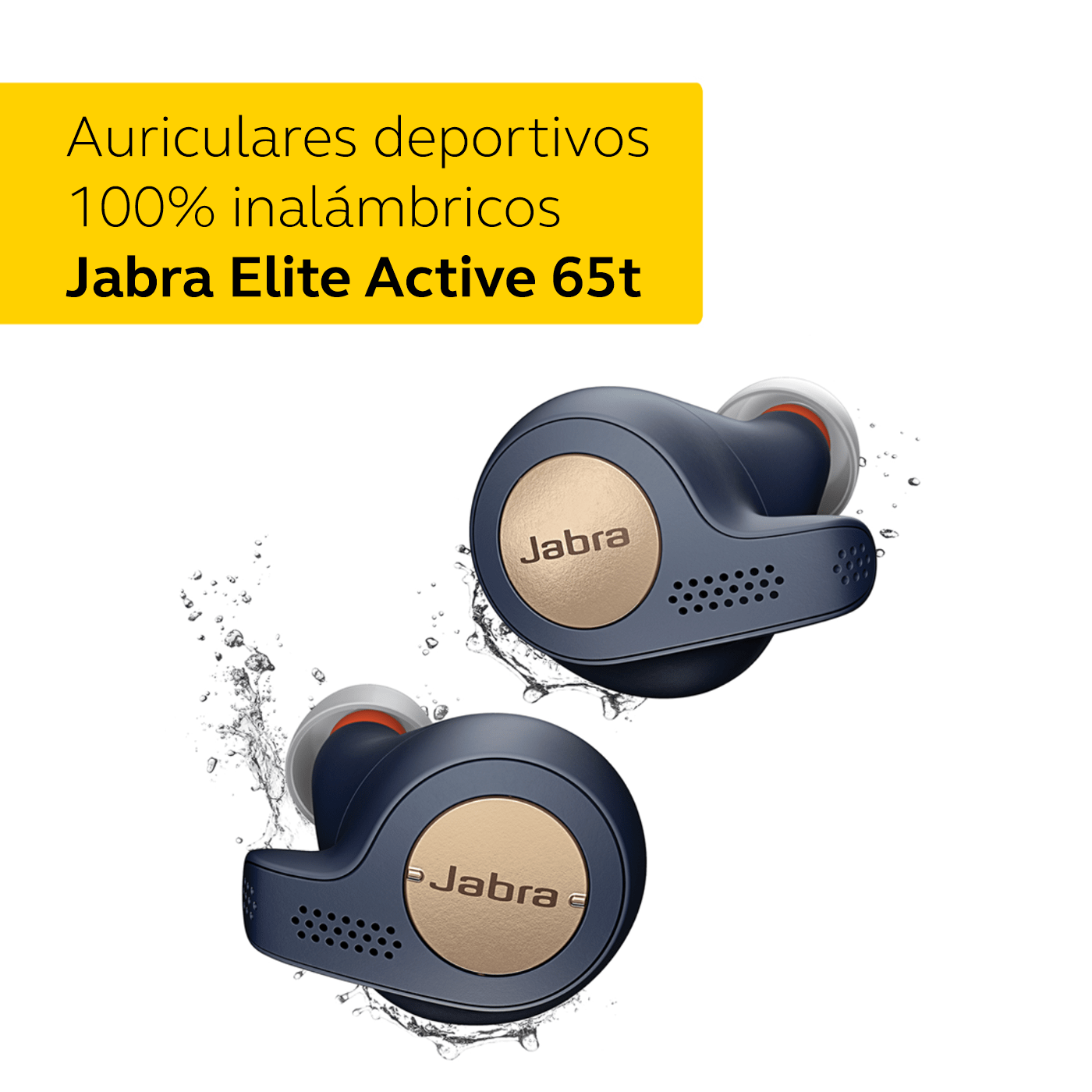 Dos auriculares inalámbricos Jabra Elite Active 65t con texto en español. Fondo blanco.