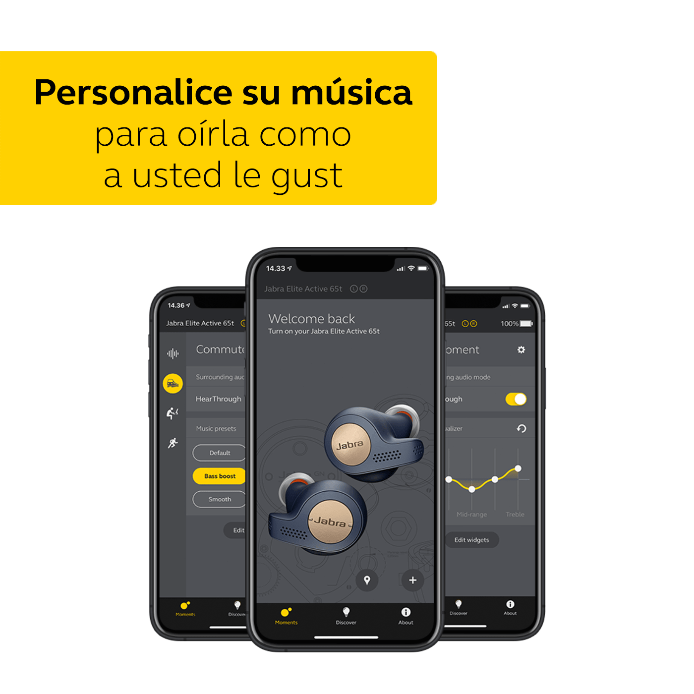Tres smartphones mostrando la interfaz de la app Jabra Elite Active 65t, con ajustes de música.