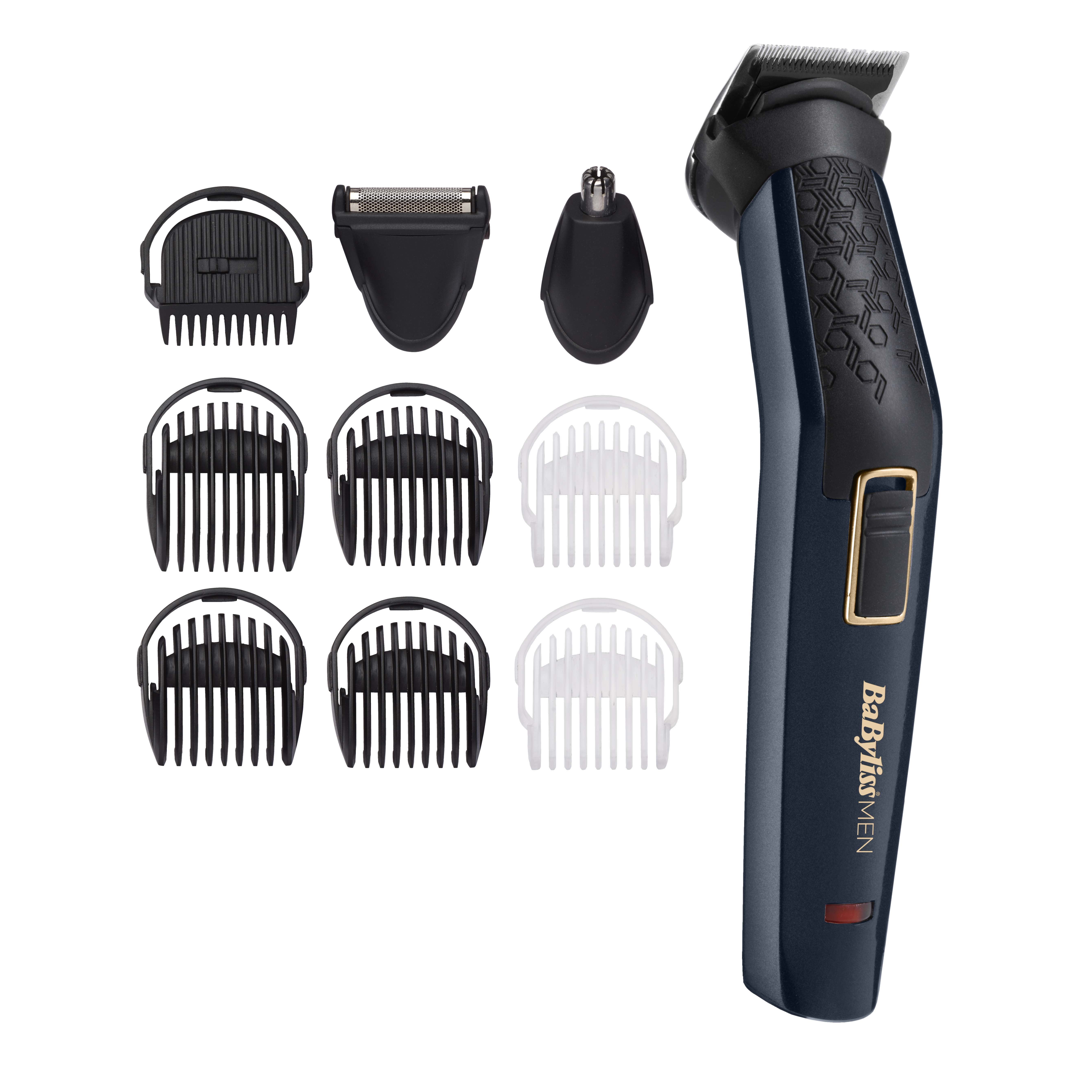 A BaBylissMEN trimmer with attachments, on a white background.