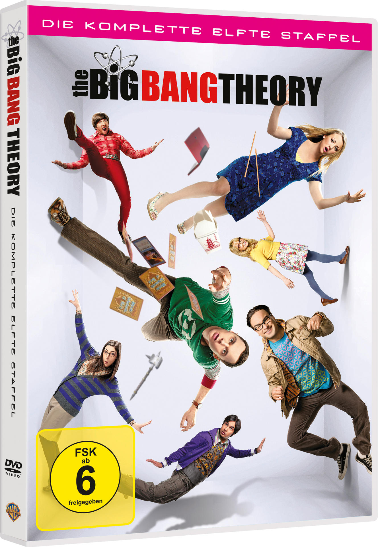 DVD-Hülle mit der Big Bang Theory-Besetzung, die in der Luft schwebt, im Cartoon-Stil.