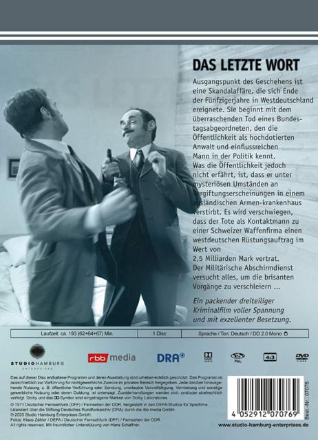 Rückseite eines schwarz-weißen Filmplakats mit zwei Männern. Text ist auf Deutsch. Weißer Hintergrund.