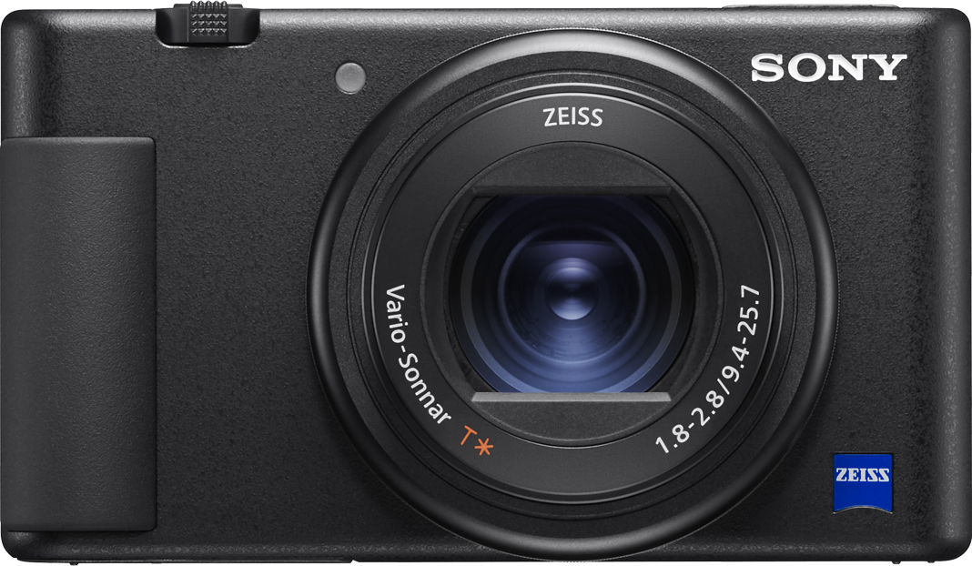 Fotocamera nera con obiettivo Zeiss. Il marchio Sony è visibile in alto a destra.