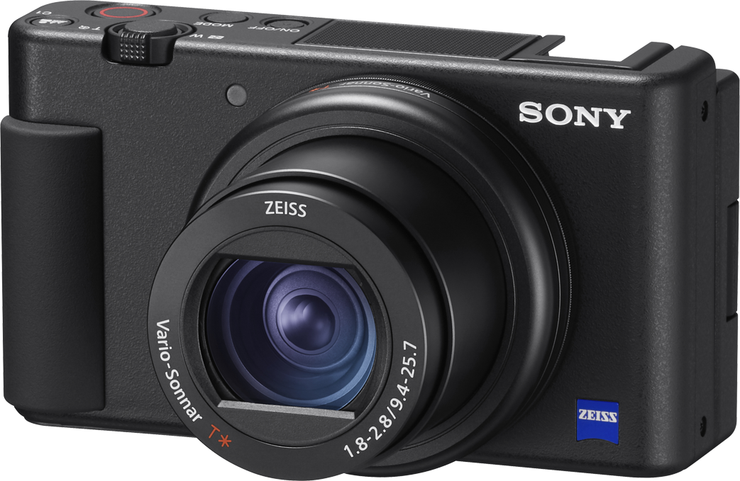 Fotocamera Sony nera con obiettivo e logo Sony.