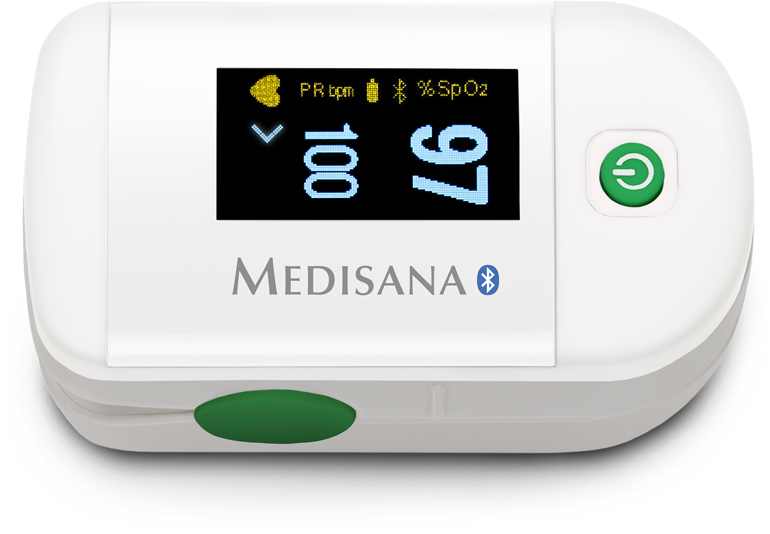 Witte pulsoximeter met digitale display met metingen.