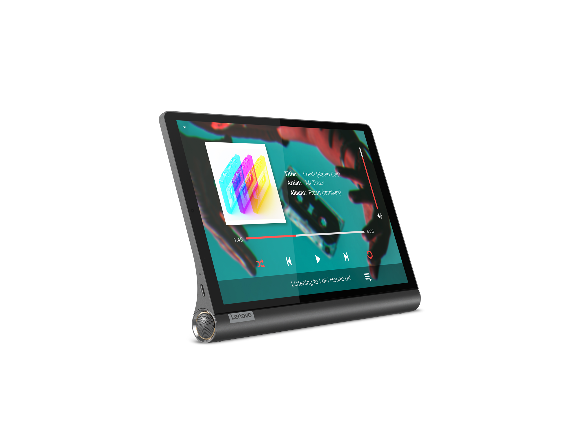 Altında Lenovo logosu bulunan bir müzik uygulaması arayüzü görüntüleyen bir tablet.