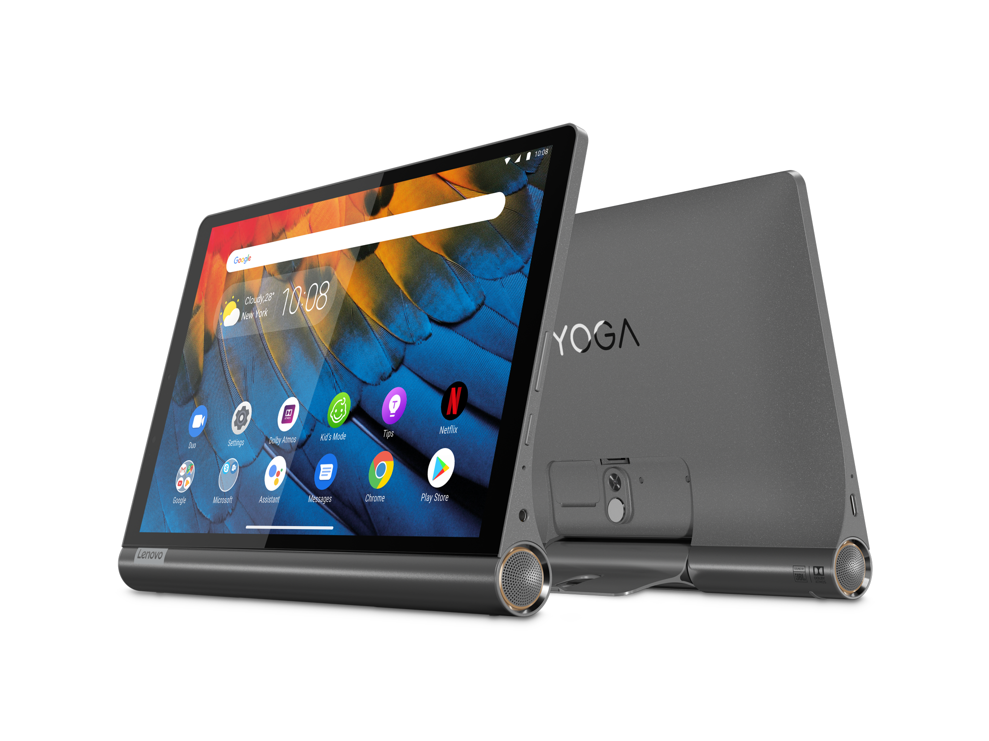 Lenovo Yoga tablet, gri, destek ayağı ve siyah arka plan ile.