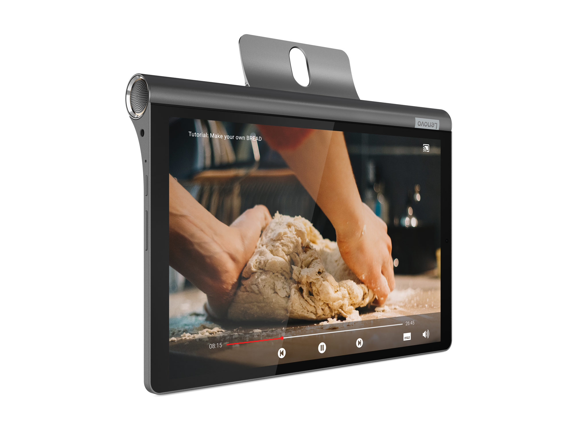 Hamur yoğuran ellerle bir yemek tarifi gösteren tablet. Siyah çerçeve, Lenovo logosu görünüyor.