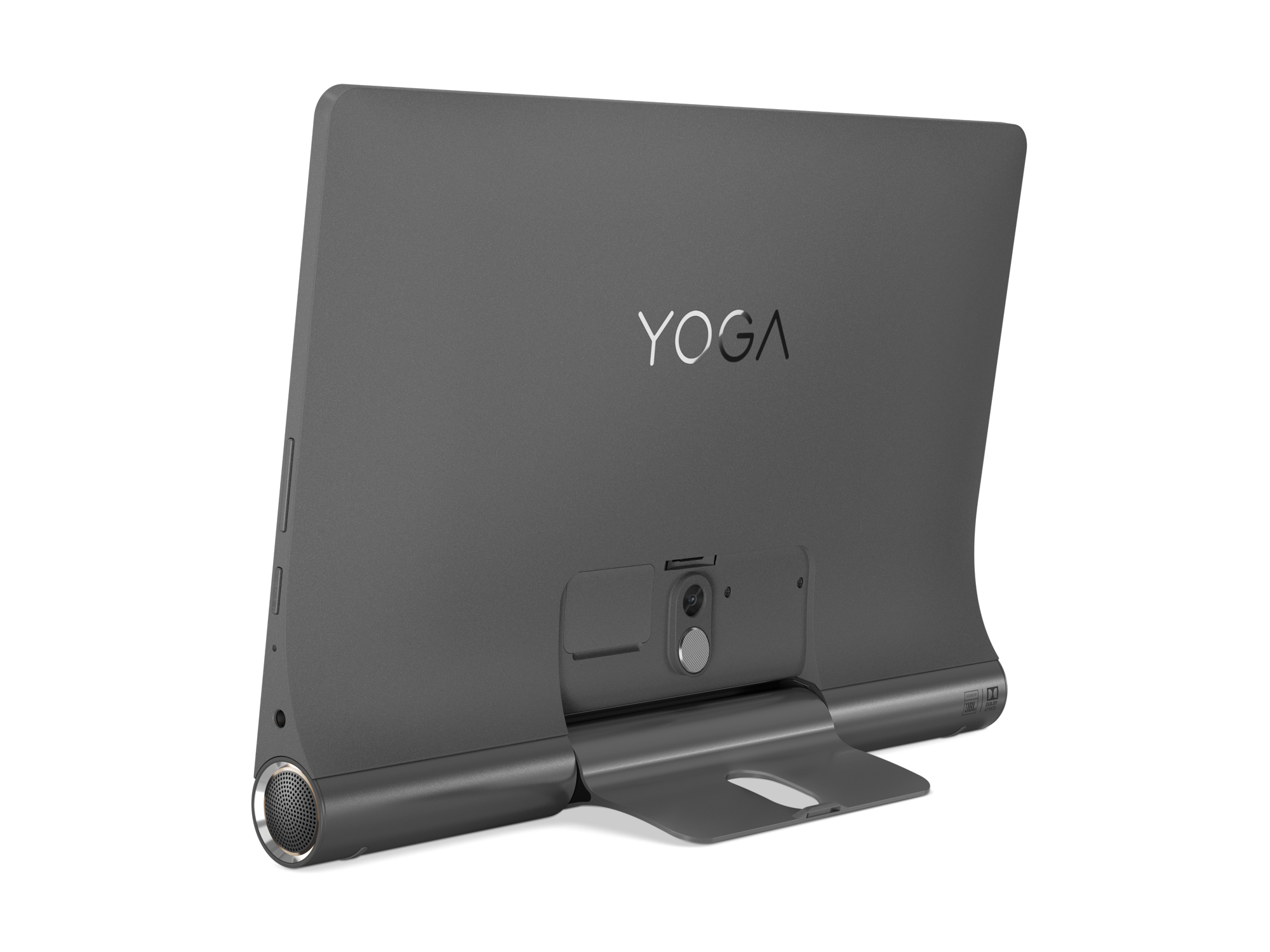 Üzerinde YOGA yazısı olan gri tablet. Bir kamera görünür.
