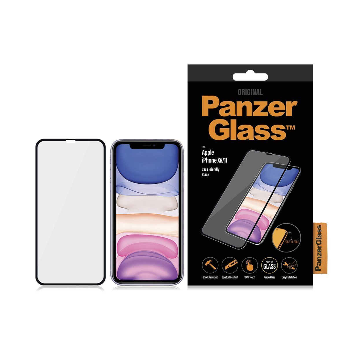 A Panzer Glass phone screen protector and an iPhone on a white background.