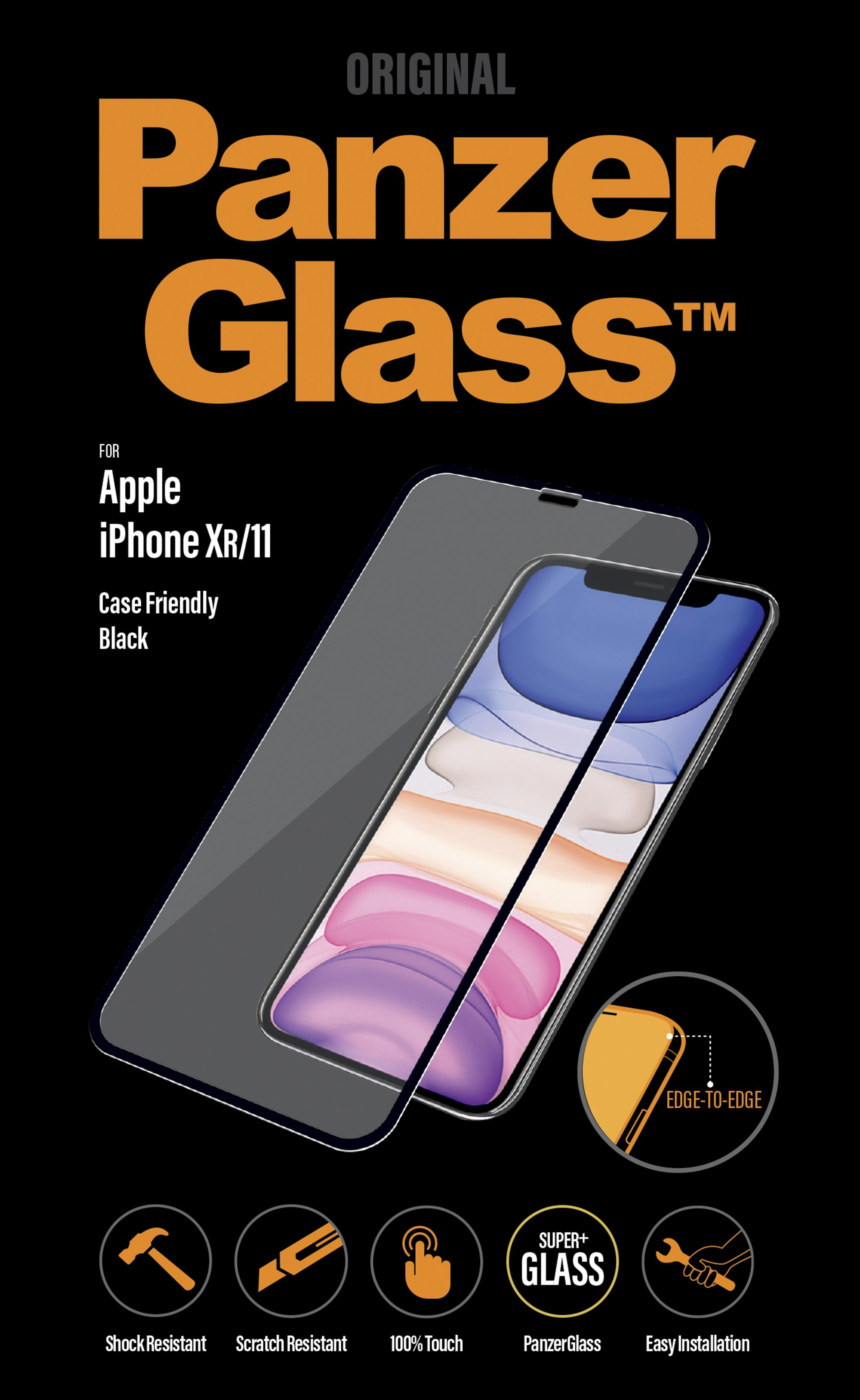 Black iPhone screen protector with phone and text.