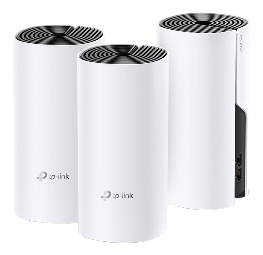Trois appareils Wi-Fi maillés Tp-Link blancs. Deux cylindriques, un rectangulaire.