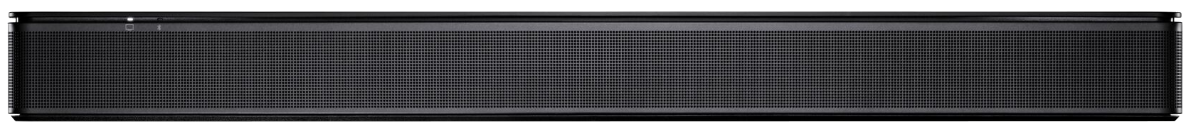 Lange, schwarze Soundbar mit perforierter Front und kleinem Bedienfeld oben.