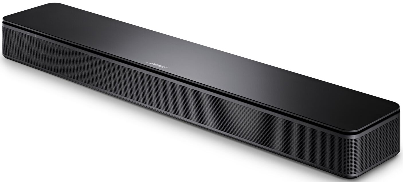 Schwarze Soundbar mit Bose-Logo, horizontal, auf weißem Hintergrund.