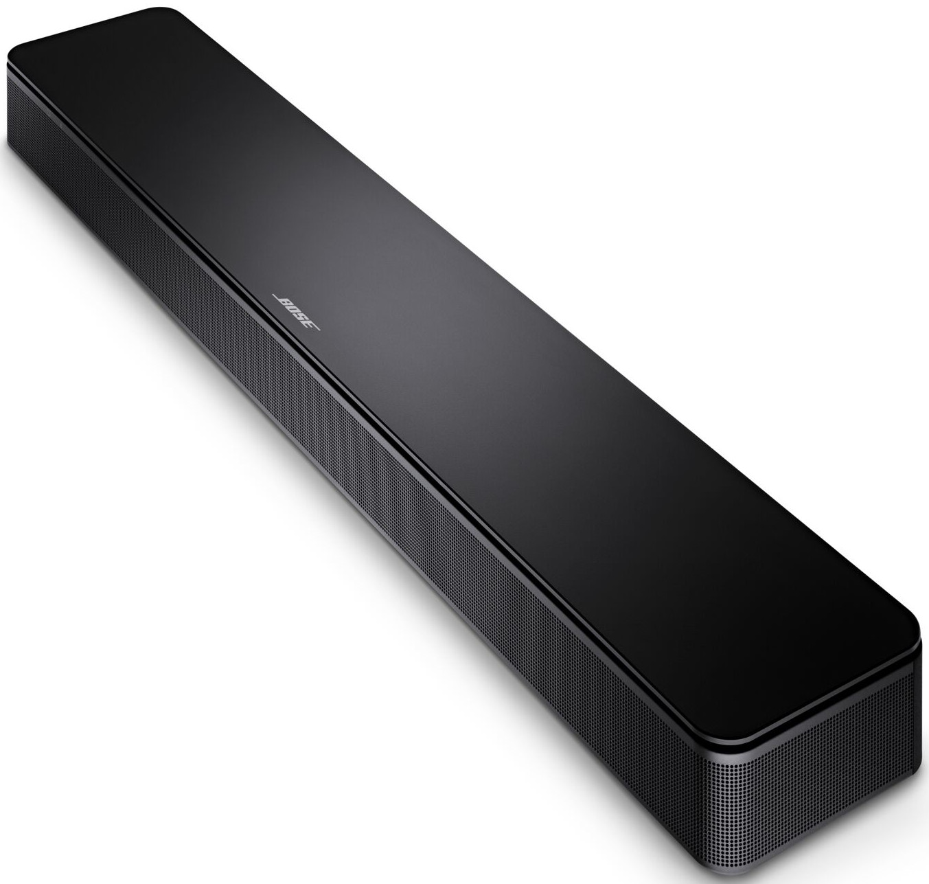 Eine schwarze BOSE Soundbar, zentriert, leicht angewinkelt. Mit einer Lautsprecheroberfläche aus Mesh.