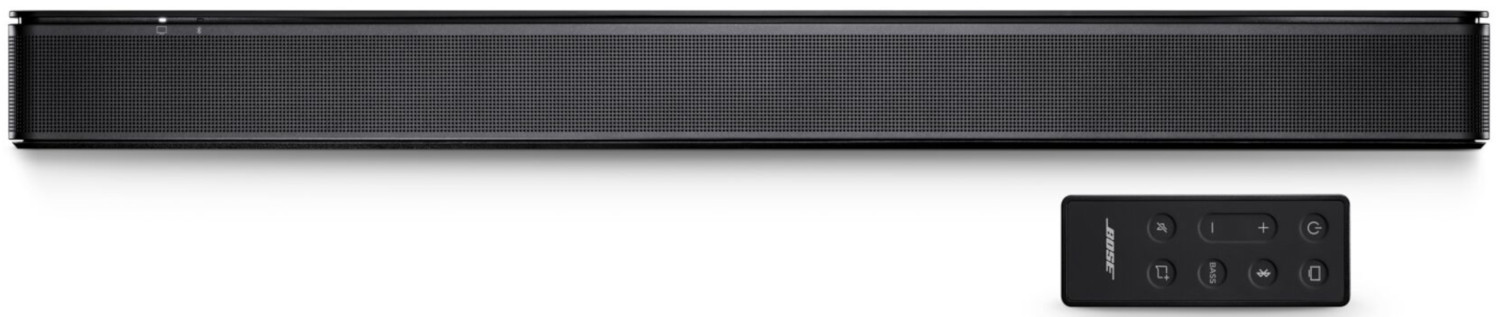 Schwarze Soundbar mit Fernbedienung. Die Soundbar befindet sich auf einem weißen Hintergrund.
