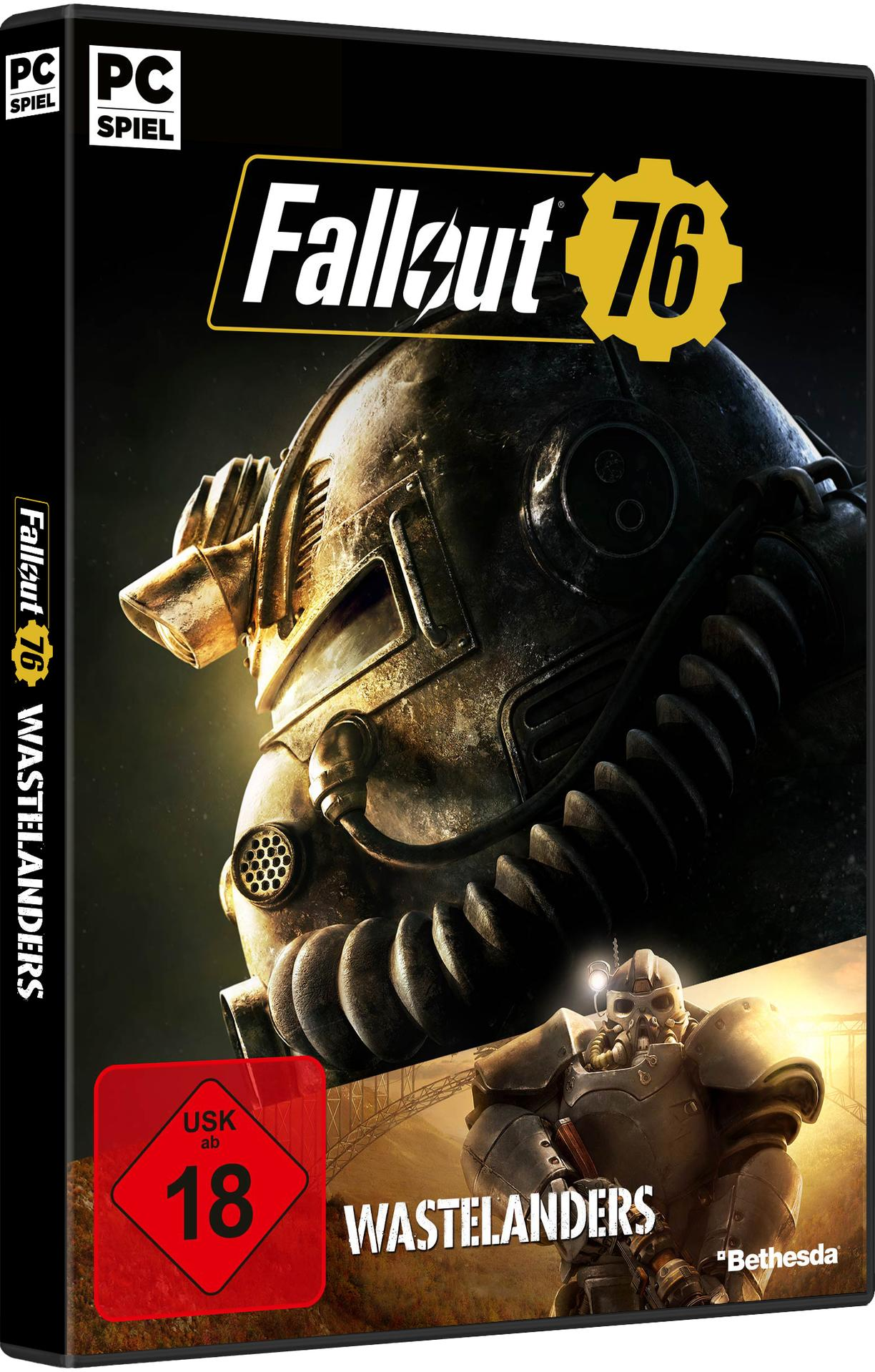 Fallout 76-Spielbox. Eine Figur mit Helm ist das Hauptbild mit dem Spieltitel oben.