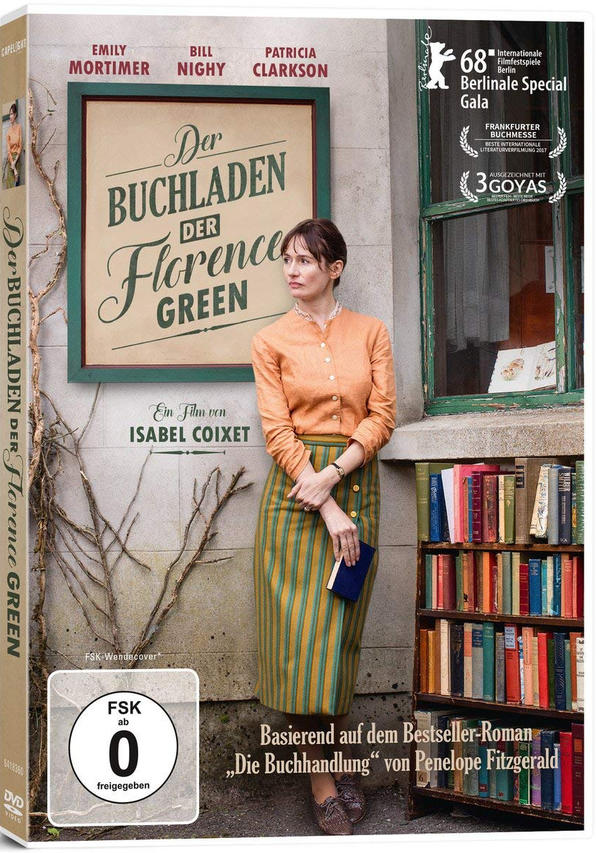 DVD-Cover des Films 'The Bookshop' mit einer wegsehenden Frau, Büchern und Text.