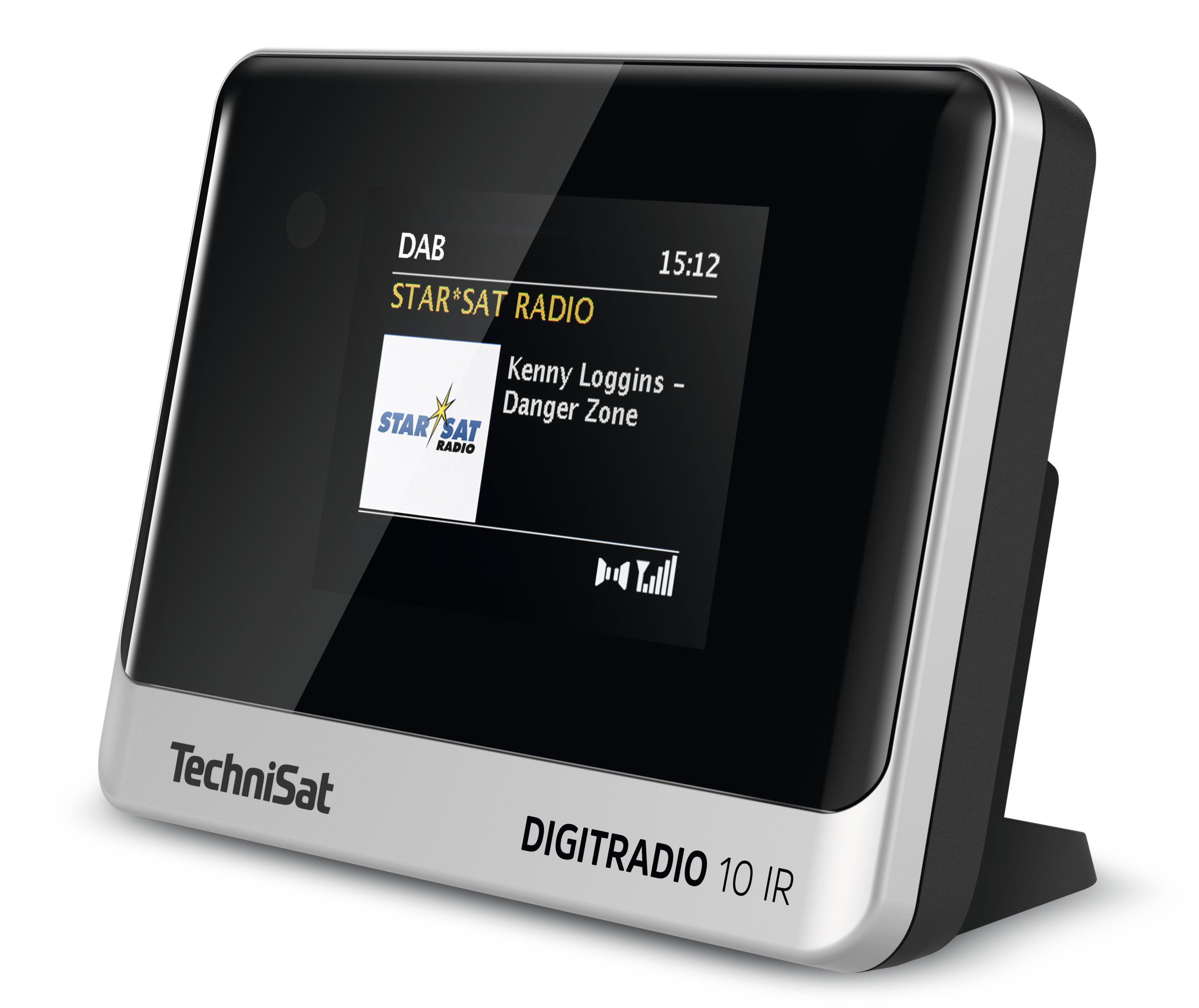 Schwarz-silbernes TechniSat DAB-Radio mit Bildschirm, der Radioinformationen und Zeit anzeigt.