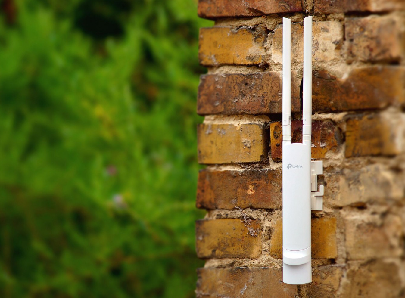 Weißer TP-Link WLAN-Repeater an einer Backsteinmauer, grünes Laub im Hintergrund unscharf.