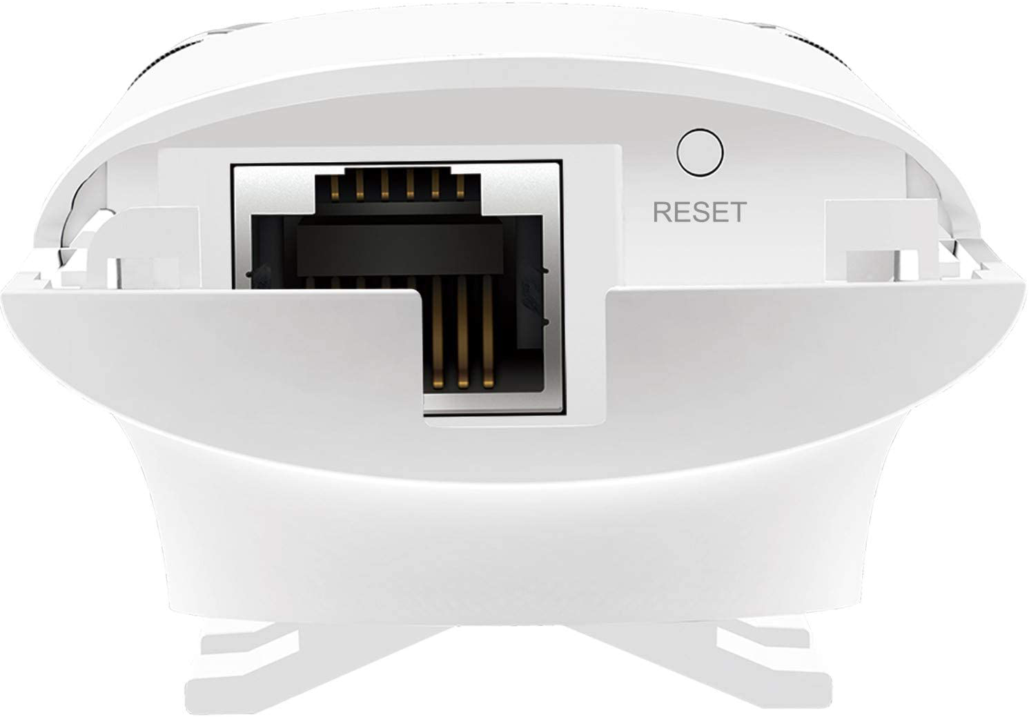 Rückseite eines weißen Geräts mit Ethernet-Anschluss und Reset-Taste. Eine weiße Basis stützt das Gerät.