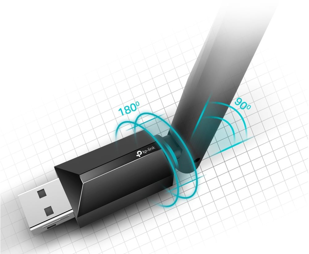 Ein schwarzer TP-Link USB-WLAN-Adapter mit verstellbarer Antenne, der Winkel von 90 und 180 Grad zeigt.