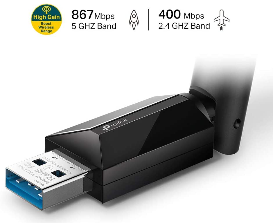 Schwarzer TP-Link USB-WLAN-Adapter mit Antenne, Geschwindigkeiten und Reichweite angegeben.