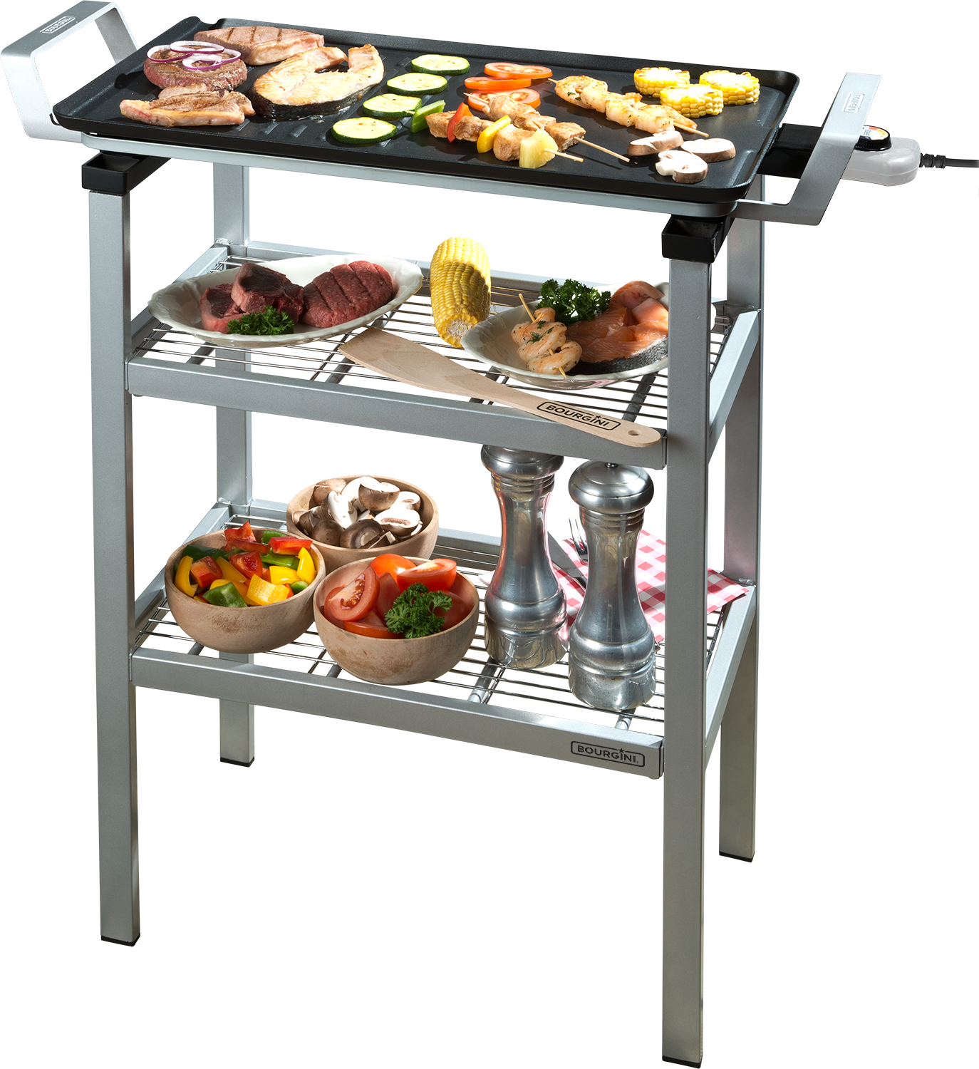 A stainless steel grill with food, below is a plate with food, a wooden spoon.