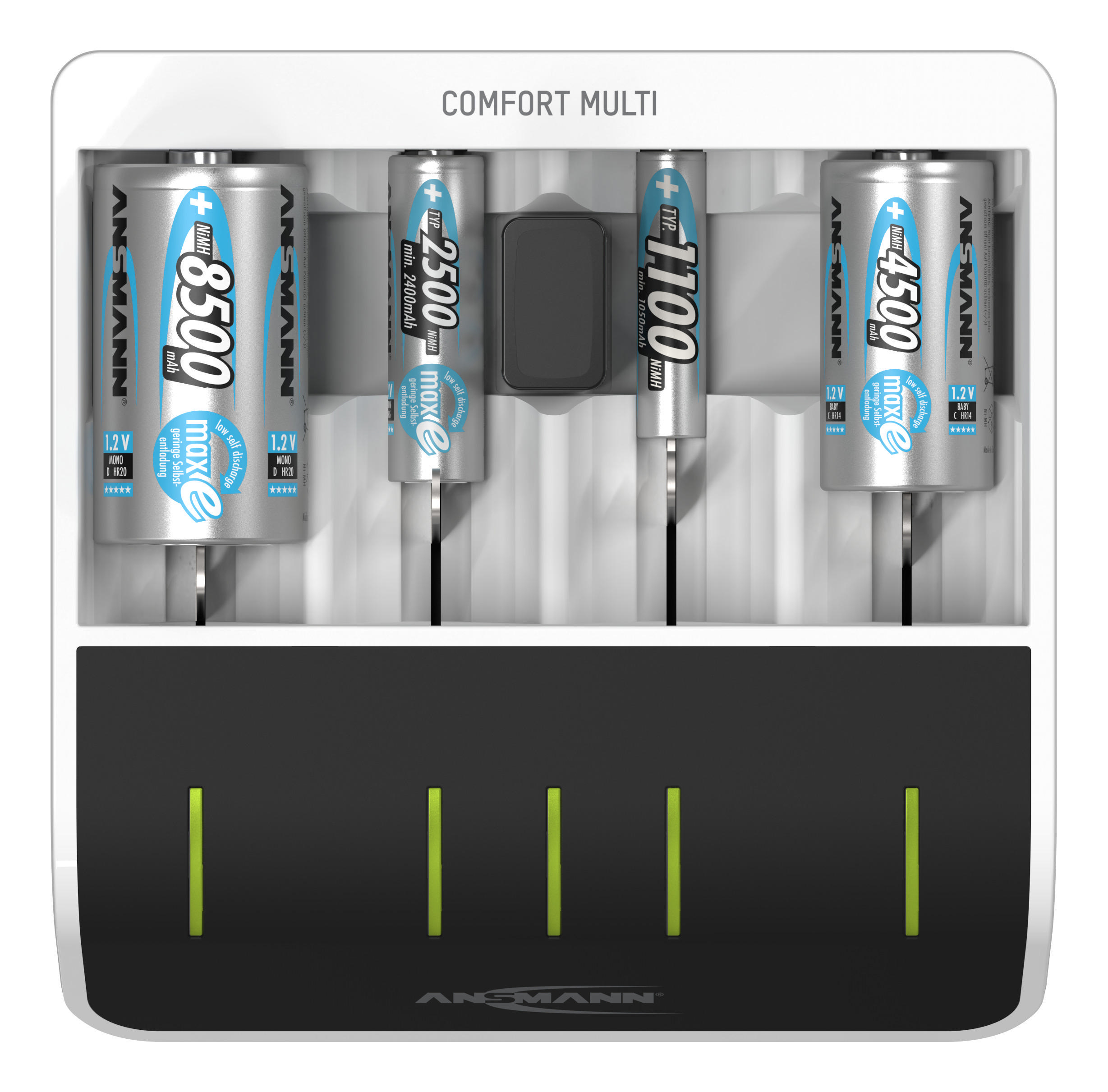 Weißes Ansmann Comfort Multi Ladegerät mit Batterien.