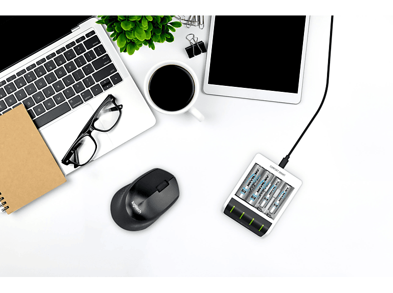 ANSMANN Comfort Smart + 4× AA 2100mAh Ladegerät Universal Ladestrom AAA: 400mA (1-4), AA: 800mA weiß/ schwarz