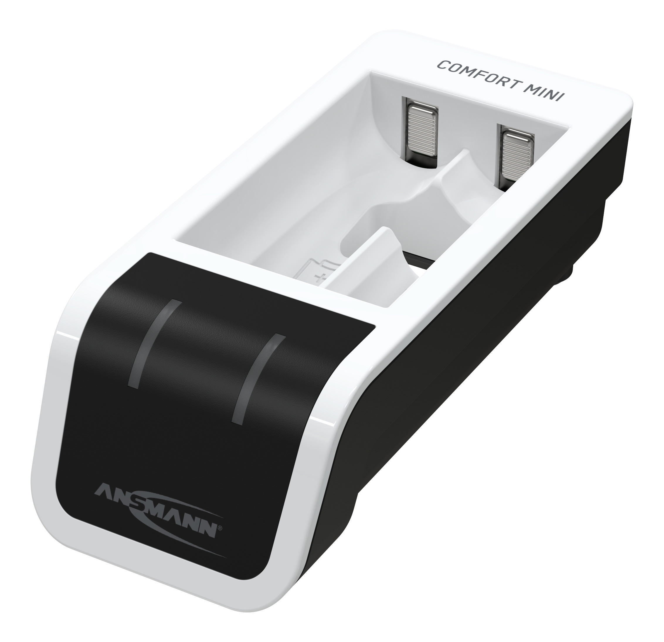Weißes und schwarzes Ansmann Batterieladegerät. Comfort Mini Modell.